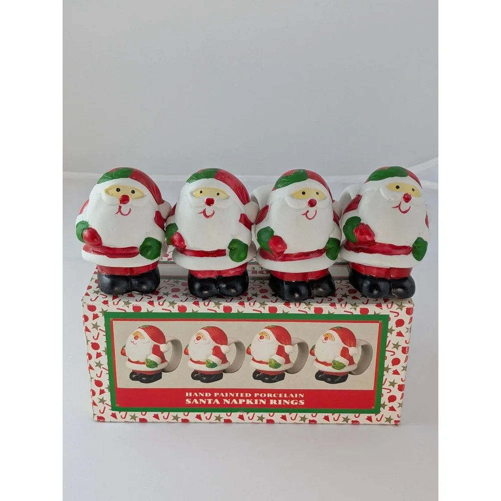 Hand Painted Porcelain Santa Napkin Rings Set of 4 Christmas Holiday Decor Boxed
